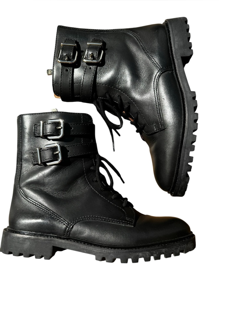 Antonio Melani Moto Combat Boots Black Leather Gold Buckle Lace Up